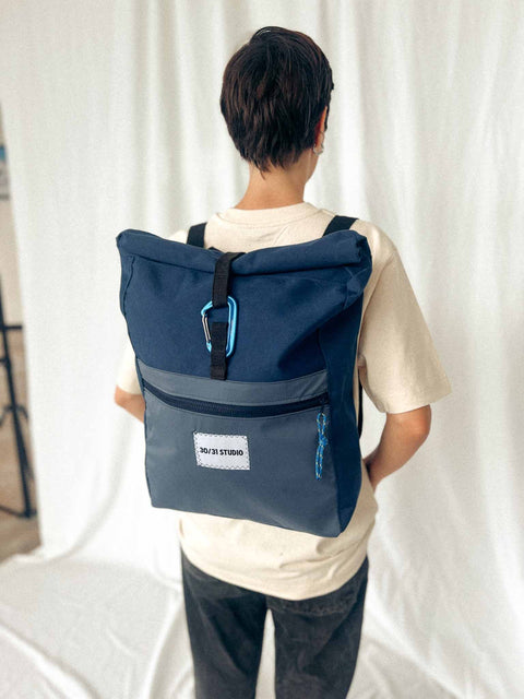 upcycled rolltop backpack navy blue