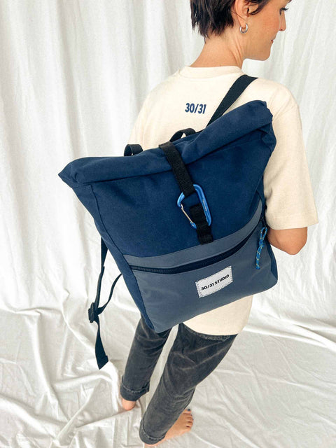 upcycled rolltop backpack navy blue