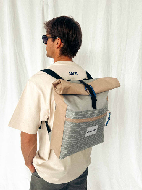 upcycled rolltop backpack beige