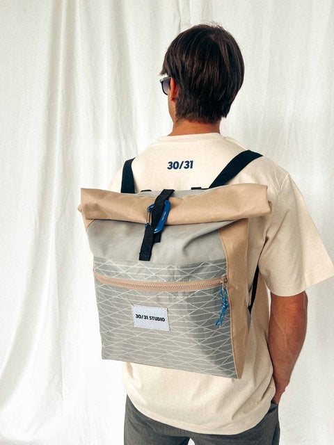 upcycled rolltop backpack beige