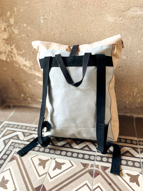 upcycled rolltop backpack beige