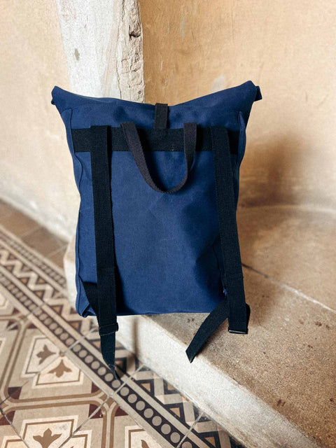 upcycled rolltop backpack navy blue