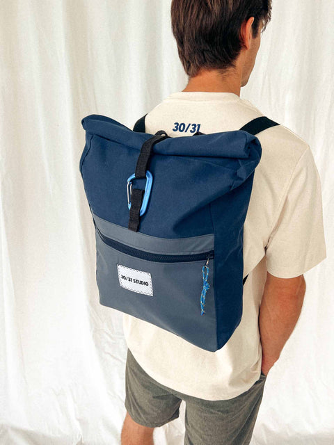 upcycled rolltop backpack navy blue