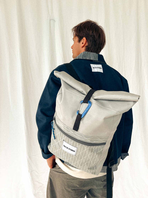 upcycled rolltop backpack grey