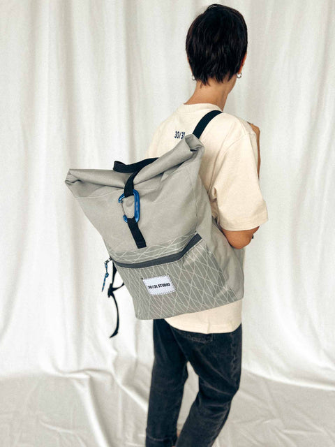 upcycled rolltop backpack grey