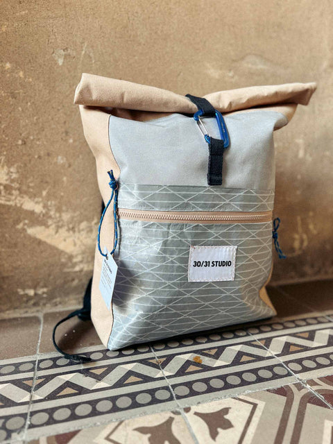 upcycled rolltop backpack beige