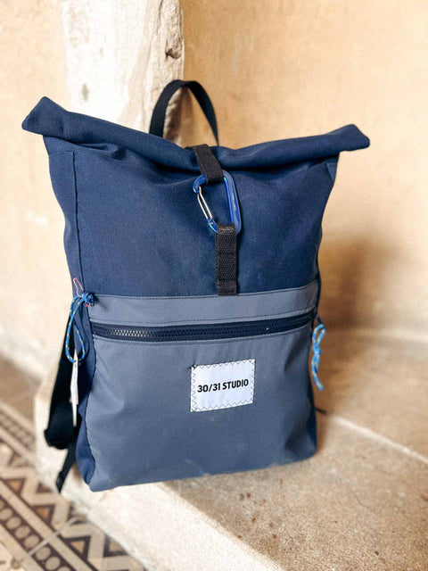 upcycled rolltop backpack navy blue