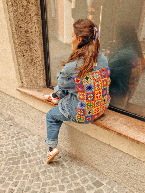 vintage denim jacket reworked granny squares No. 1