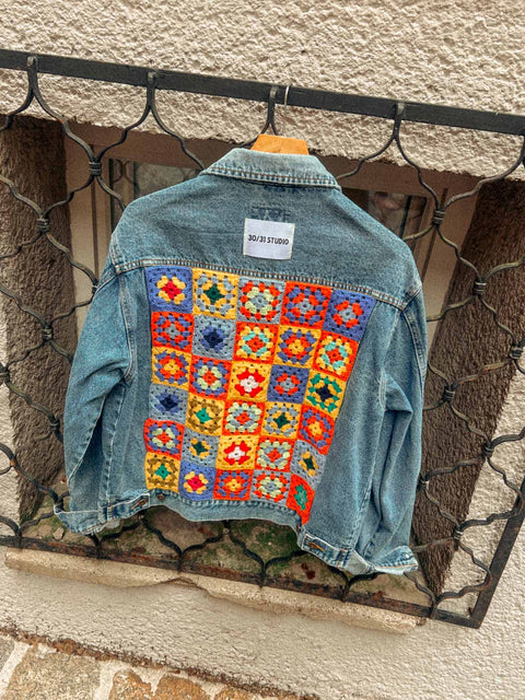 vintage denim jacket reworked granny squares No. 1